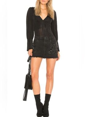 Free People Women's Shine Bright Crystal Beaded Black Denim Mini Skirt Size 10